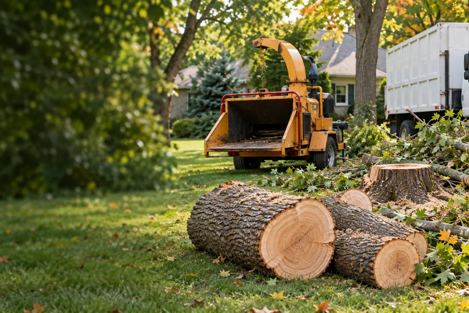 Illustrative tree work scene with cut timber and equipment; not a completed project